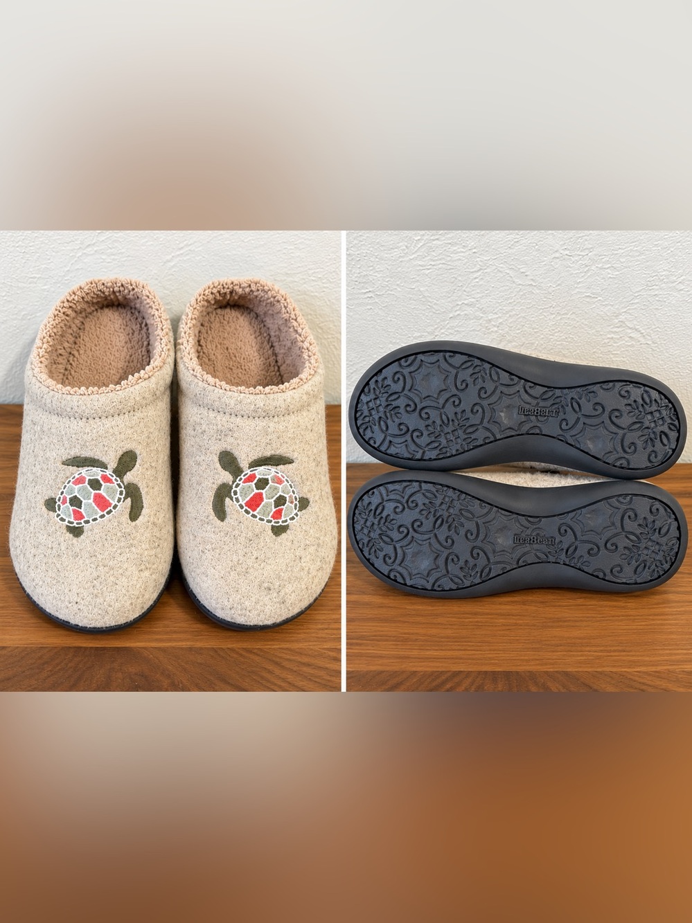 L L Bean Tan Wool Sea Turtle Embroidered Clog Slippers Cozy Coastal Cottage Shoe